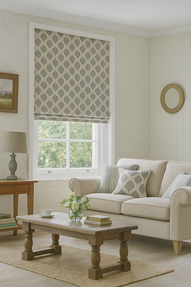Living room with beige sofa, wooden coffee table, and patterned roman shade.